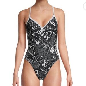 DKNY Graphic T-Back One Piece Swimsuit Size XS